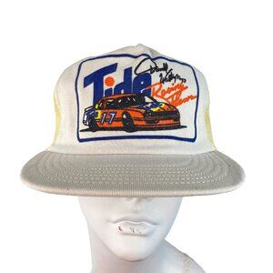 Vintage Darrel Waltrip Trucker Hat Cap Snapback USA Tide Racing Puffy Print Mesh